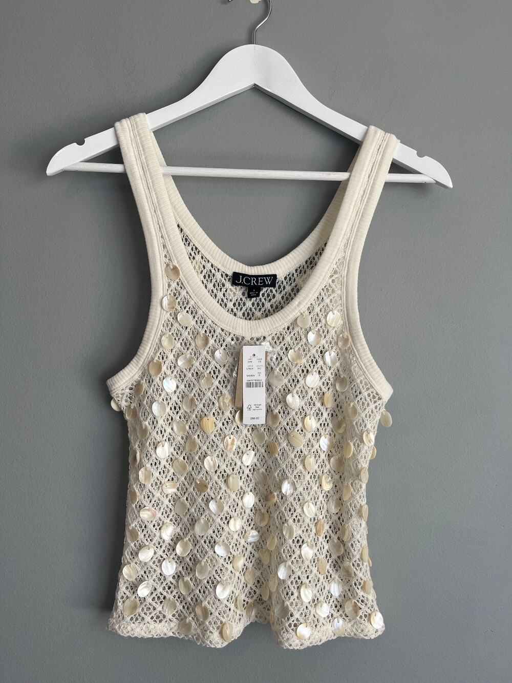J.Crew NWT $98 Coastal Ivory Shell Embellished Open-Knit Tank Top Sz S Beach